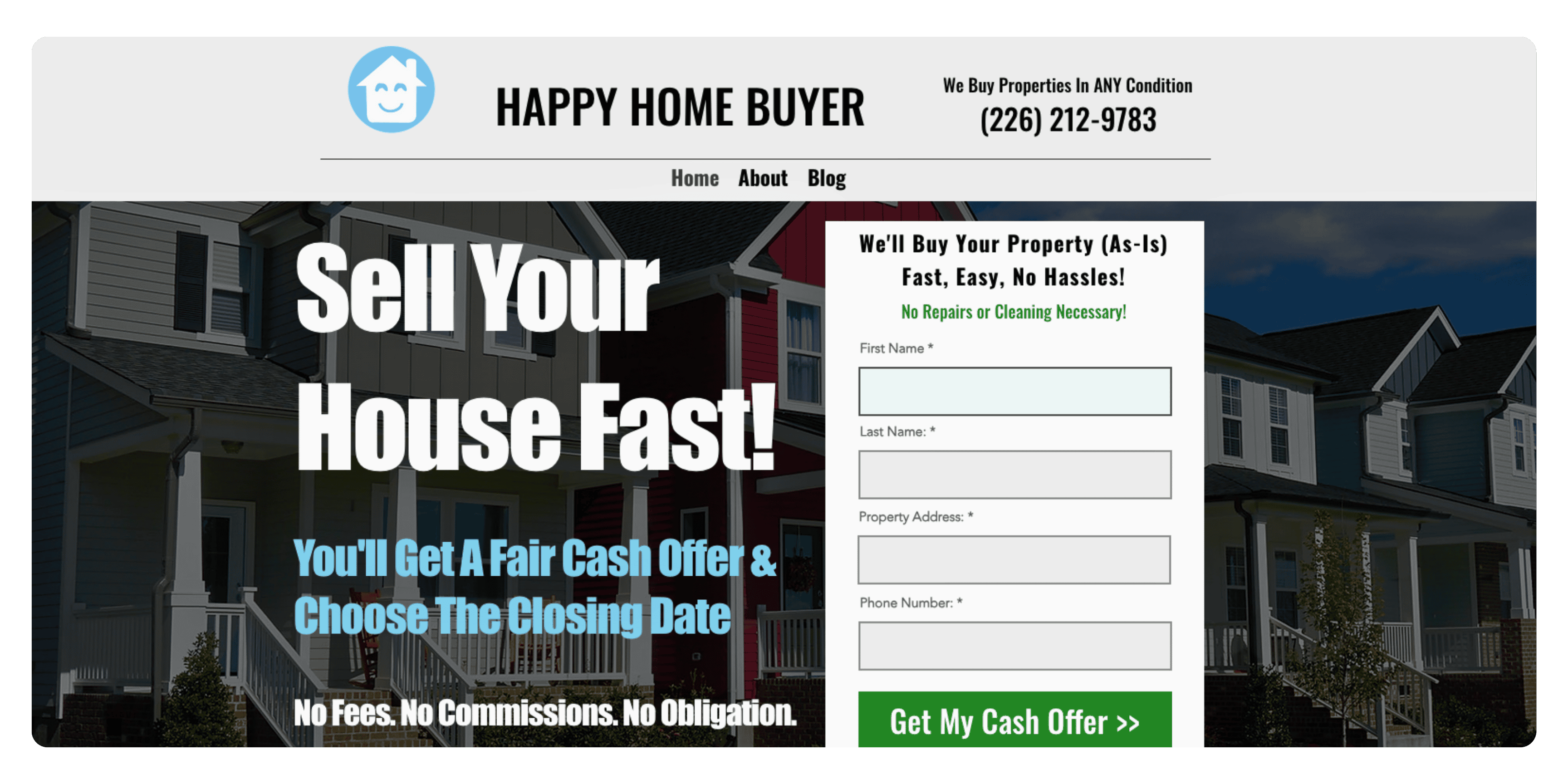 screen shot of Happy Home Buyer canadian real estate investing business home page